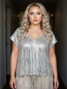 MODERN ATTRACTION Silver Sequin Short Sleeve V-Neck Plus Size Party Top 1X